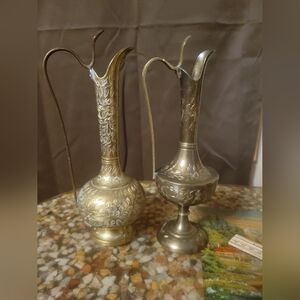 2 Vintage Engraved Brass Pitcher Cruet Vase‎ world gift 10" MCM India tea pot
